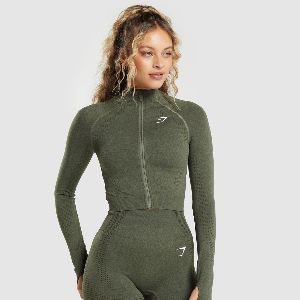 Gymshark Vital Seamless 2.0 Midi Zip Up Jacket - Base Green Marl